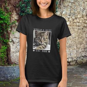 Worlds Best Cat Mom Pet Photo T-Shirt Designed by Purple Cat Arts