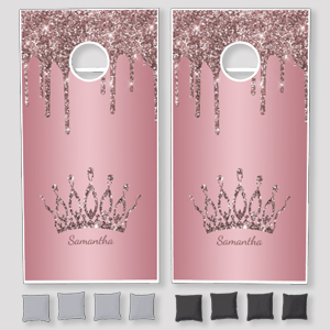 Rose Gold Pink Glitter Drips Crown Cornhole Set by Purple Cat Arts